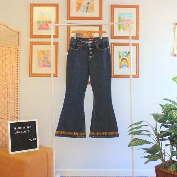 90s Y2K Embroidered Trim Flare Jeans | Sz 11 | - Picture 1 of 6